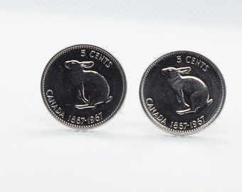 Coin Cufflinks - Vintage cufflinks, 1967 coins, Canada 5 Cent Coin, Anniversary gift, Commemorative Issue Canada Cufflink, vintage gift idea