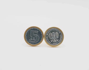 Coin Cufflinks-Poland 5 Zlotys Coin Cufflinks, Choice of Gunmetal coloured backs (stainless steel)