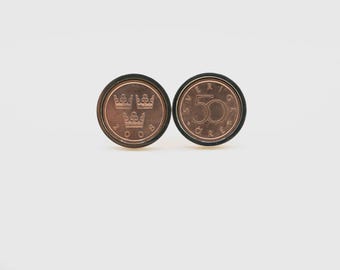 Coin Cufflinks - Sweden 50  Ore Gustaf V Coin, Choice of Silver or Gunmetal coloured backs (stainless steel), 4th year anniversary