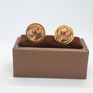 Mountains Wooden Cufflinks - Wedding Cufflinks, Engraved Wooden Cufflinks, Groom Cufflinks, Personalized Cufflinks