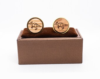 Wooden Dinosaurs Origami Cufflinks - Wedding Cufflinks, Engraved Wooden Cufflinks, Groom Cufflinks, Personalized Cufflinks