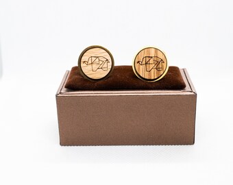 Wooden Elephants Origami Cufflinks - Wedding Cufflinks, Engraved Wooden Cufflinks, Groom Cufflinks, Personalized Cufflinks