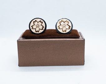 Sakura Cherry Blossom Flower Wooden Cufflinks - Wedding Cufflinks, Engraved Wooden Cufflinks, Groom Cufflinks, Personalized Cufflinks