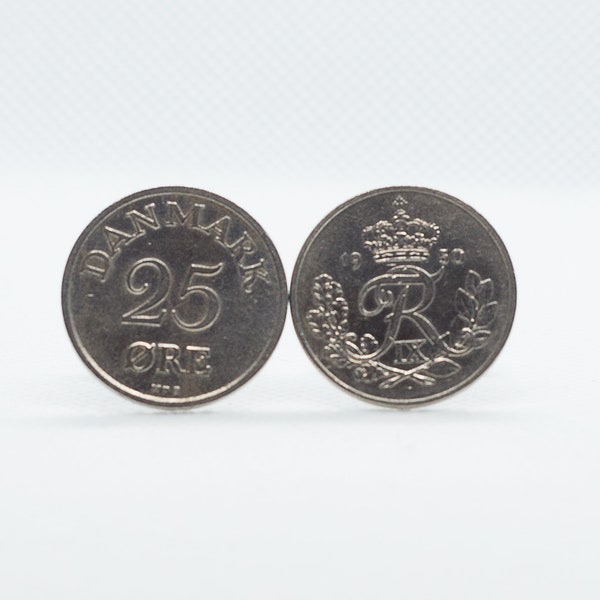 Coin Cufflinks - Denmark, 25 Øre - Frederik IX Coin Cufflink, 25th year, 50th year, engagement gift for him, retirement gift, special idea