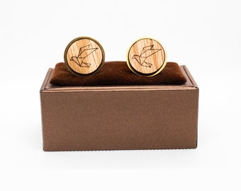 Wooden Hummingbirds Origami Cufflinks - Wedding Cufflinks, Engraved Wooden Cufflinks, Groom Cufflinks, Personalized Cufflinks