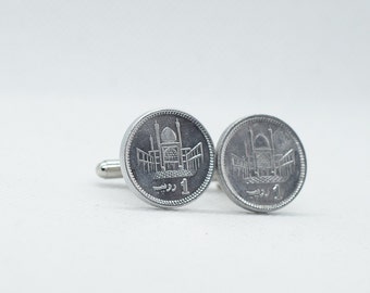 Coin Cufflinks - Silver Pakistan 1 Rupee Coin Cufflinks, Choice of Gunmetal or Brushed Gold coloured backs (stainless steel), Pakistan gift