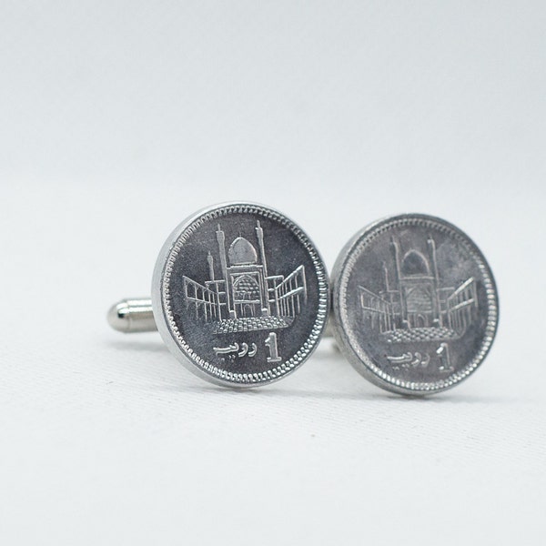 Coin Cufflinks - Silver Pakistan 1 Rupee Coin Cufflinks, Choice of Gunmetal or Brushed Gold coloured backs (stainless steel), Pakistan gift
