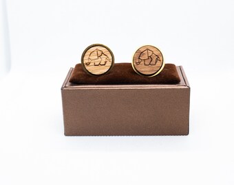 Wooden Elephants Origami Cufflinks - Wedding Cufflinks, Engraved Wooden Cufflinks, Groom Cufflinks, Personalized Cufflinks