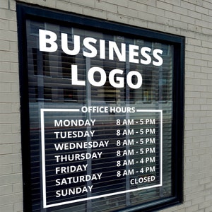 Calcomanía comercial personalizable / Nombre o logotipo de su empresa / Calcomanía de vinilo con horario de tienda / Letras para ventana / Letrero de tienda