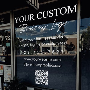 Calcomanía personalizada para ventanas de negocios: nombre de su empresa, logotipo, teléfono, redes sociales, sitio web, código QR. Adhesivo de vinilo con letras para puertas de escaparates.