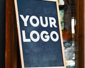 May include: A black chalkboard sign with a wooden frame and easel stand. The sign says "YOUR LOGO" in white letters.