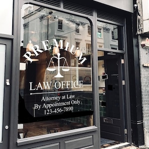 Calcomanía personalizada para su despacho de abogados / Cree su propio letrero de vinilo / Calcomanía para el nombre o logotipo de su empresa, para escaparates, ventanas y puertas