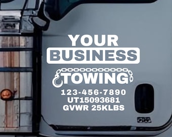 Fully Customizable Towing Decal / Your Company Name or Logo / Vinyl Sticker Door Lettering Semi Truck Tow Trucker Hook and Chain Design