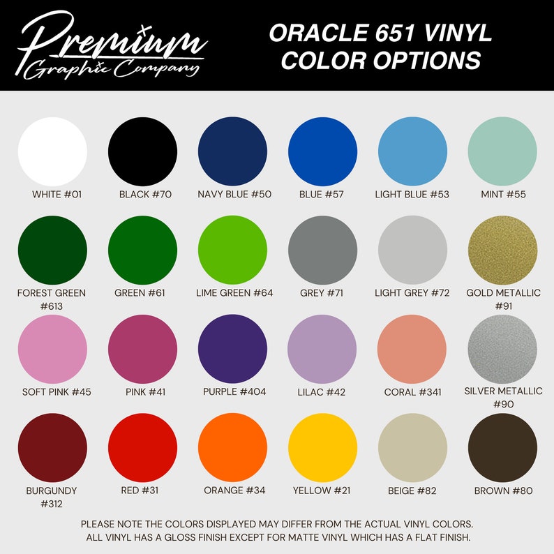Color chart of vinyl colors available.