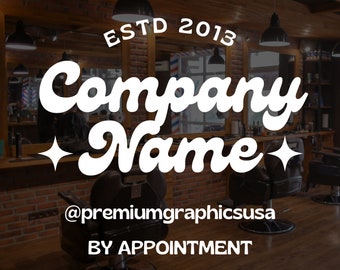 May include: A white logo with the text "ESTD 2013 Company Name" in a stylized font. The logo is on a brick wall background with a barber shop interior in the background. The text "@premiumgraphicsusa BY APPOINTMENT" is below the logo.