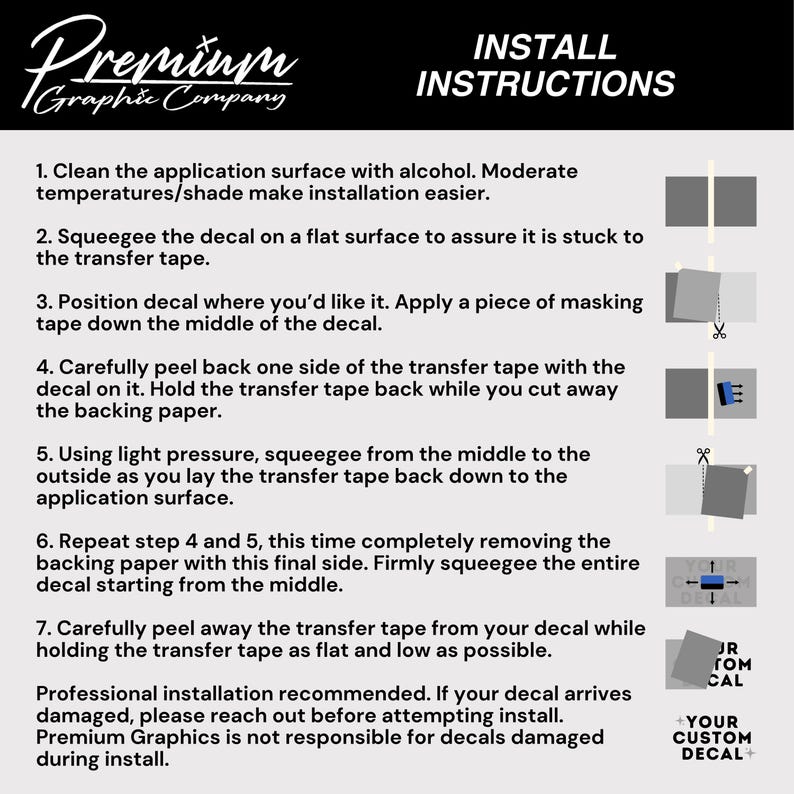 Artwork describing how to install a vinyl decal.