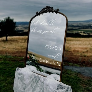 Calcomanía de boda "Hasta que la muerte nos separe" / Diseño personalizable con nombres, letrero para espejo y ventana.