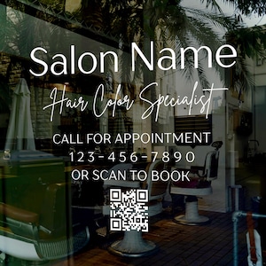 Create Your Own Salon Window Decal - Company Name or Logo Storefront Vinyl Sticker - Personalized Door Lettering - Business Info and QR Code