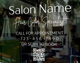 Create Your Own Salon Window Decal - Company Name or Logo Storefront Vinyl Sticker - Personalized Door Lettering - Business Info and QR Code