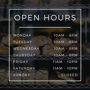 Calcomanía de horario de tienda / Vinilo comercial para escaparate / Clasificación exterior de 6 años / Horario de atención Ventana de la puerta de la tienda Letras personalizadas