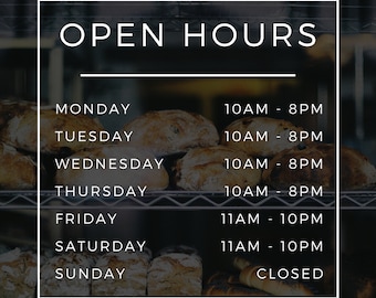 Store Hours Decal / Business Hours Vinyl for Storefront / 6 Year Outdoor Rating / Hours of Operation Store Front Window Door Lettering