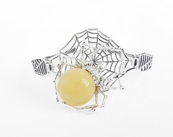 Statement Amber Spider Bracelet, Yellow Amber Bangle, Sterling Silver and Amber Bangle, Spider Bangle with Amber Stone, Silver Cobweb Bangle