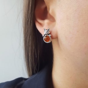 Sterling Silver and Amber Cat Earrings Small Baltic Amber Cat Studs Amber Stone Cat Jewelry Small Amber Earrings Amber Cat Earrings Gift Etsy