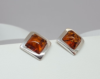 Handmade Amber Stud Earrings, Square Post Earrings, Amber Jewellery, Silver Studs, Amber Earrings Gift For Women, Simple Stud Earrings,Amber