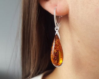 Classic Baltic Amber Earrings, Teardrop Amber Earrings, Sterling Silver and Amber Stone Earrings, Genuine Amber and Silver Jewelry Gift