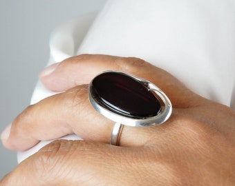 Bold Baltic Amber Ring, Cherry Red Amber Ring, Silver and Amber Stone Ring, Large Cocktail Ring, Adjustable Amber Ring, Genuine Red Ring