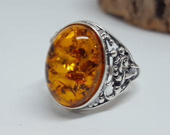 Large Baltic Amber Ring, Big Amber Statement Ring, Filigree Amber Ring, Fashion Oval Ring, Amber Jewelry, Ring For Women, Oval Gemstone Ring