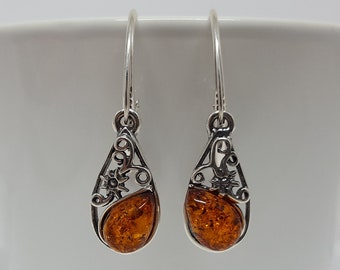 Natural Baltic Amber Earrings In Oxidized Sterling Silver Floral Amber Earrings Amber and Silver Earrings Dangle earrings flower Earrings