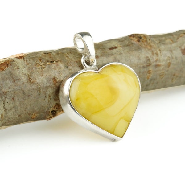 Yellow Amber Heart Pendant, Baltic Amber Heart Necklace, Milky Amber Stone Heart Necklace, Heart Jewelry, Silver Heart Gift, Genuine Amber