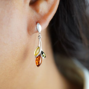 Multi Gemstone Silver Earrings, Baltic Amber Earrings, Multicolor Amber Earrings, Silver and Amber Earrings, Small Amber Earrings,Amber Gift