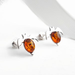 Tiny Silver and Amber Bat Earrings, Honey Baltic Amber Bat Studs, Sterling Silver and Stone Bat Earrings, Small Halloween Studs, Bat Jewelry
