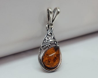Natural Teardrop Amber Pendant, Floral Amber Jewelry, Amber And Silver Pendant, Ambre, Small Amber Pendant, Amber Jewellery Gift For Women,