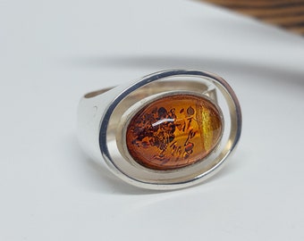 Round Amber Ring, Vintage Amber And Silver Ring, Oval Baltic Amber Ring, Classic Amber Ring Gift For Her, Cognac Amber Ring, Gemstone Ring