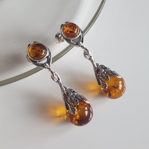 Stunning Natural Amber Earrings in Oxidized Sterling Silver, Teardrop Amber earrings, Dangle Earrings Pure Amber Gift,Mothers Day Gift,Amber