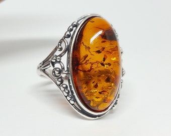 Large Baltic Amber Ring, Victorian Amber Ring, Long Amber Ring, Big Oval Amber Ring, Large Gemstone Ring, Amber Jewellery Gift, Amber Ring