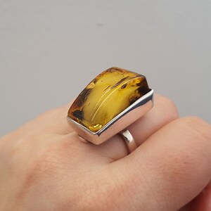 Large Baltic Amber Ring, Royal Amber Ring, Geometric Stone Ring, Milky Amber Ring, Green Amber Ring, Rectangle Ring, Silver and Amber Ring image 1