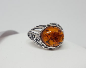 Filigree Amber Ring, Oval Honey Amber Ring, Detailed Baltic Amber Ring, Vintage Amber Ring, Sterling Silver Ring For Women, Bohemian Jewelry