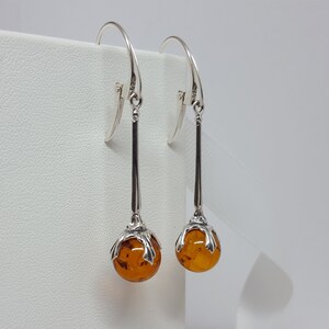 Modern Long Baltic Amber Earrings, Silver Dainty Earrings, Natural Baltic Amber Earrings, Long Drop Earrings,Everyday Hanging Amber Earrings