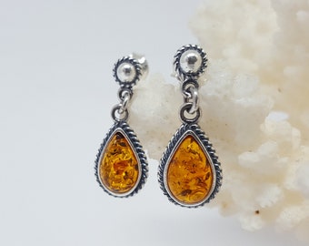 Classic Teardrop Baltic Amber Earrings, Oxidized Sterling Silver, Genuine Amber, Jewelry gift, Small Earrings, Dangle Earrings, Silver Gift