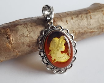 Amber Cameo Pendant, Hand Carved Amber Pendant, Woman Cameo Pendant, Vintage Amber Pendant, Amber Intaglio, Oval Amber Pendant,Amber Jewelry