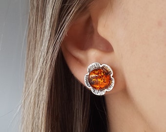 Amber Flower Stud Earrings, Round Amber Earrings, Floral Amber Earrings, Round Silver Flower Studs, Silver Flower Earrings, Amber Earrings