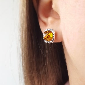 Square Baltic Amber Post Earrings, Silver Square Studs, Small Amber Earrings, Amber Square Stud Earrings, Orange Stone Post Earrings Gift image 6