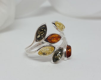 Multicolor Amber Ring, Amber Leaf Ring, Amber Stone Ring, Natural Baltic Amber Ring, Marquise Amber Ring, Gemstone Ring,Birthstone Ring Gift