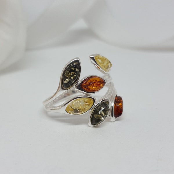 Multicolor Amber Ring, Amber Leaf Ring, Amber Stone Ring, Natural Baltic Amber Ring, Marquise Amber Ring, Gemstone Ring,Birthstone Ring Gift