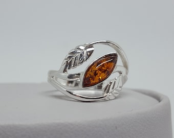 Small Amber Ring, Baltic Amber Leaf Ring, Silver Leaf Ring, Silver And Amber Ring, Marquise Amber Ring, Genuine Amber Ring, Birthstone Ring