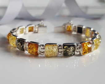 Modern Square Baltic Amber bracelet, Sterling silver And Amber Bracelet, Elegant Amber Bracelet, Multicolor Amber Bracelet, Amber Gift